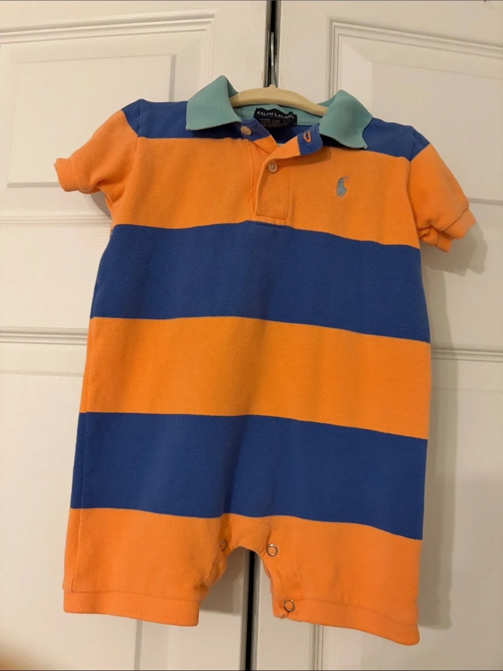 Ralph Lauren Boys Romper  Orange, Blue & Mint Green Striped Size 3-6 Months EUC